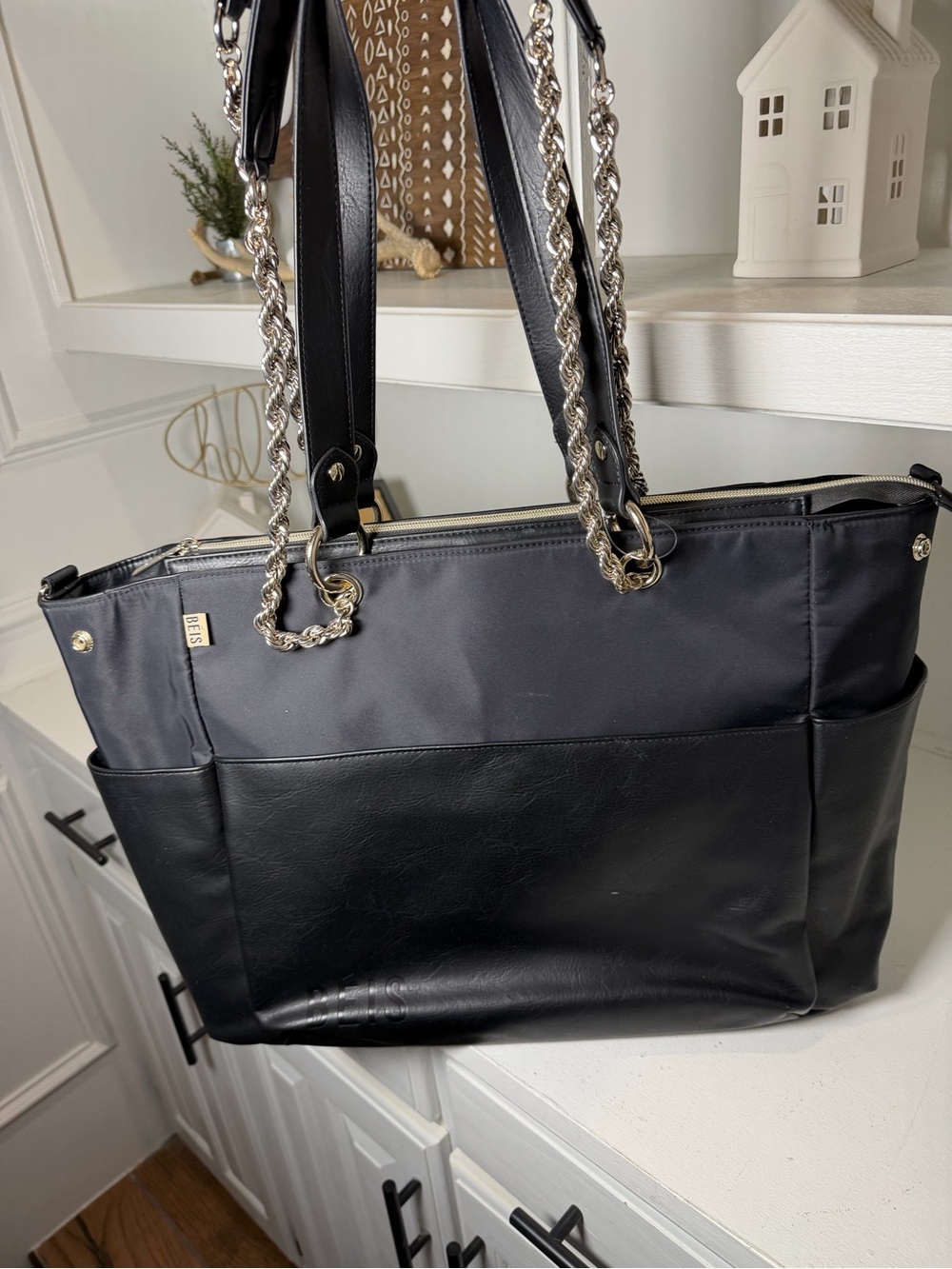 BÉIS The Diaper Bag Black Large Tote Silver Chain Crossbody Baby Travel Bag - Picture 10 of 15